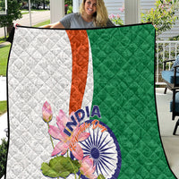 India-themed quilt with green right panel, white left panel, orange stripe, floral lotus design
