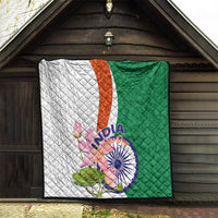 India-themed quilt hanging display with green back panel, white panel, orange stripe, lotus graphic