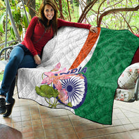 Quilt with quilted pattern, green right side and white left side, orange stripe, lotus India print