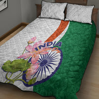 Quilt bed set: two white quilted pillowcases, green quilt with India lotus and orange stripe