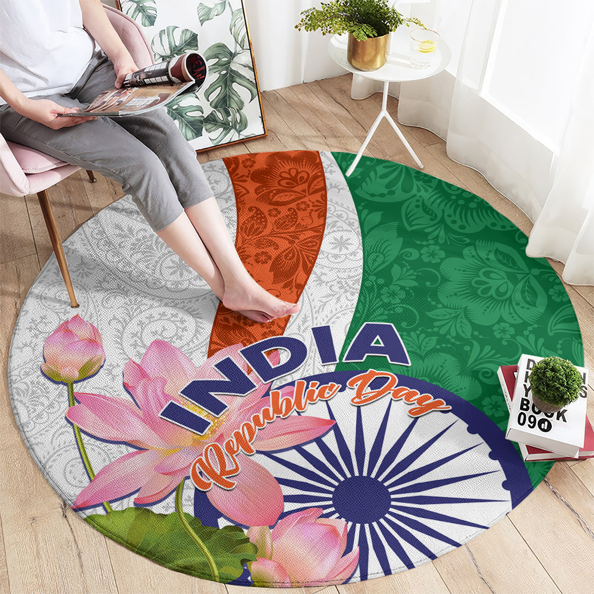 Round carpet with India lettering, lotus flowers, and paisley tricolor circular pattern