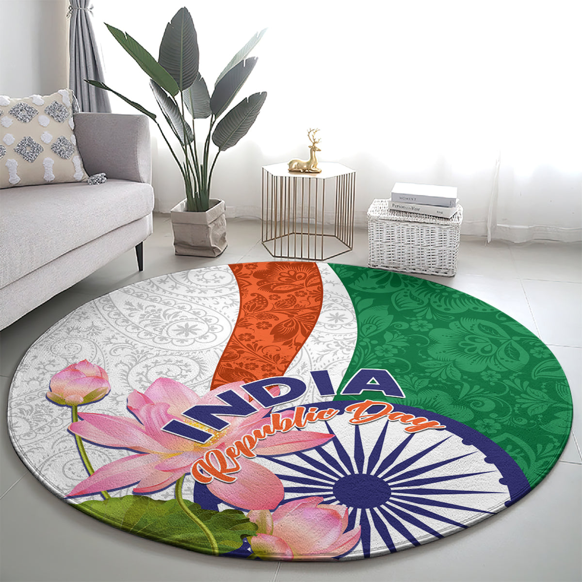 Round carpet with India text, lotus floral accents, and green orange white paisley design
