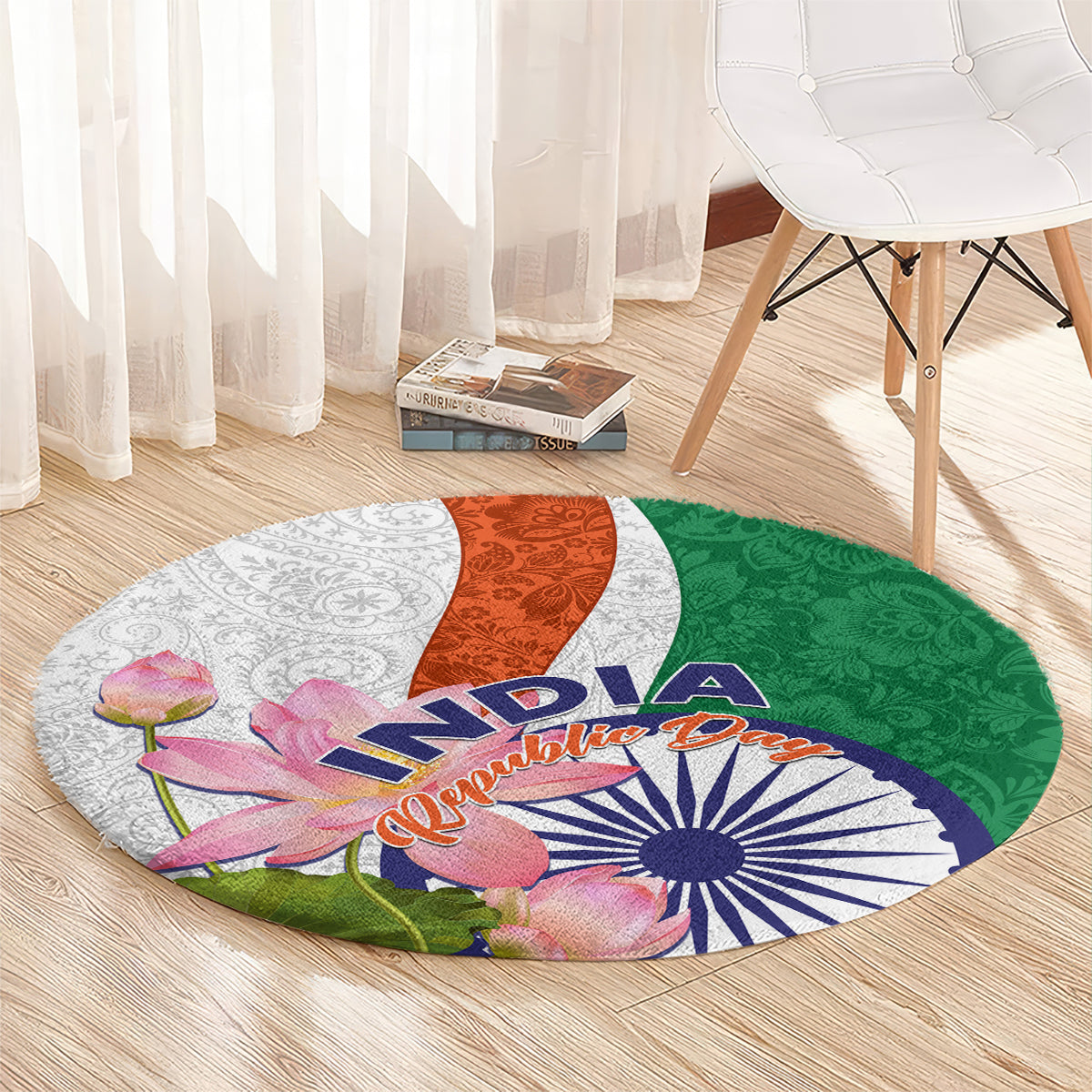 Round carpet with lotus blooms and India lettering over green orange white paisley circle