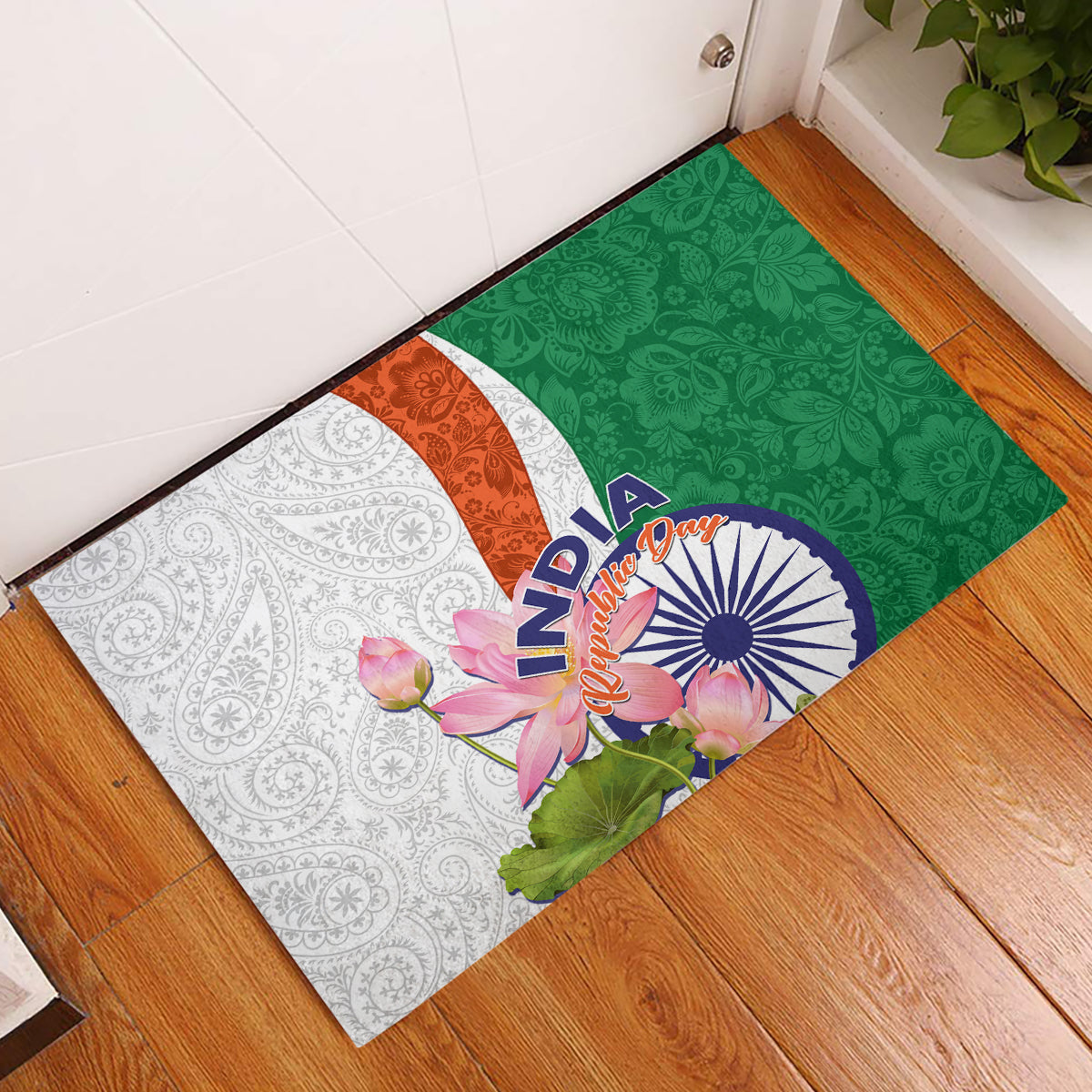 India Republic Day Rubber Doormat Lotus Floral Paisley Pattern - Wonder Print Shop