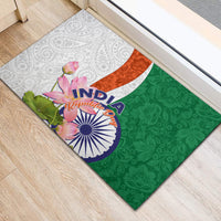 Rubber doormat with green paisley side, white paisley side, India graphic, lotus blooms