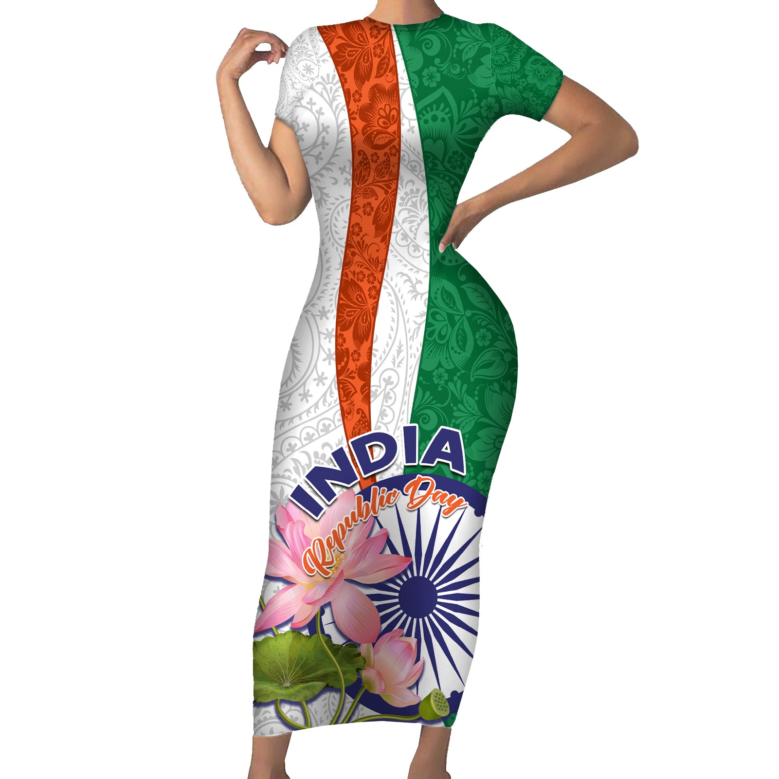 india-republic-day-short-sleeve-bodycon-dress-lotus-floral-paisley-pattern