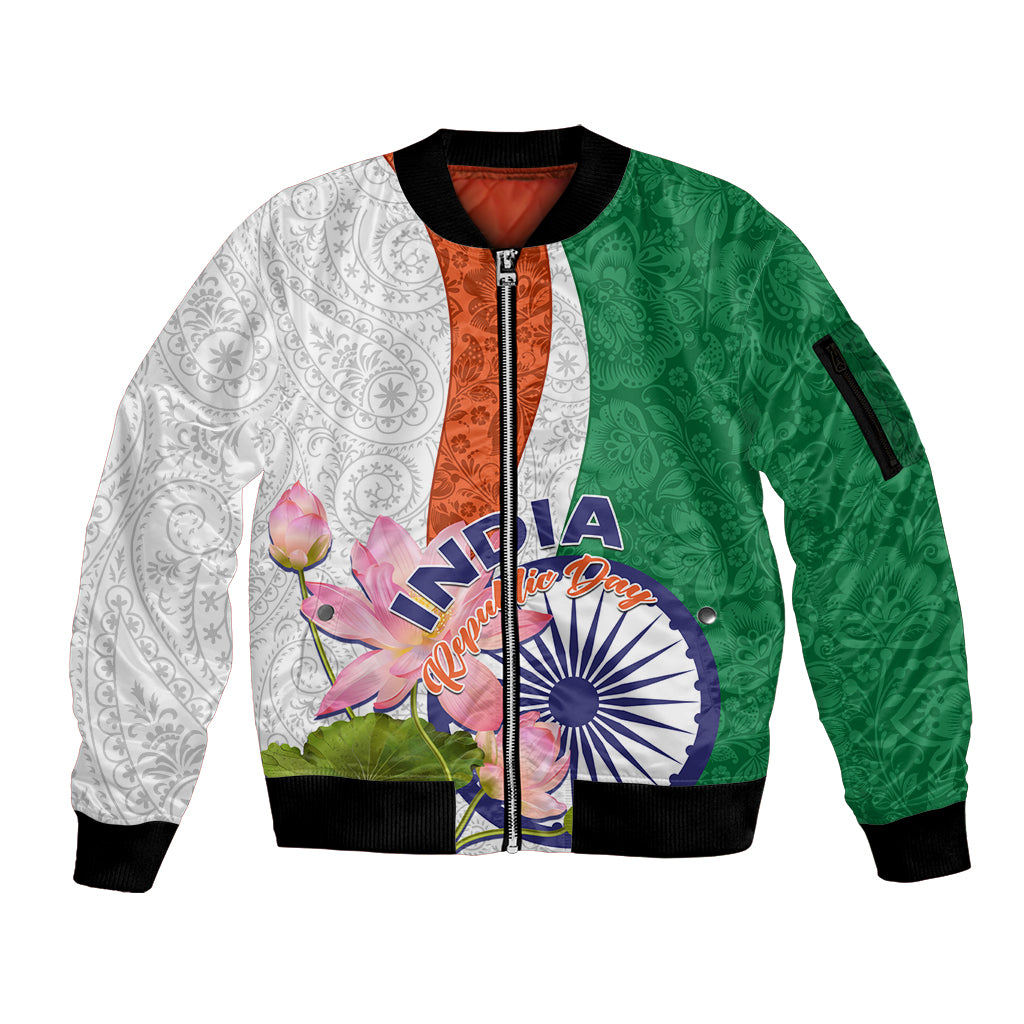 India Republic Day Sleeve Zip Bomber Jacket Lotus Floral Paisley Pattern - Wonder Print Shop