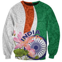 Unisex crewneck sweatshirt with lotus graphic and paisley panels; 'India Republic Day' text