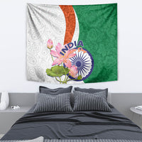 Rectangular wall tapestry featuring green and white paisley pattern with lotus flowers and India emblem