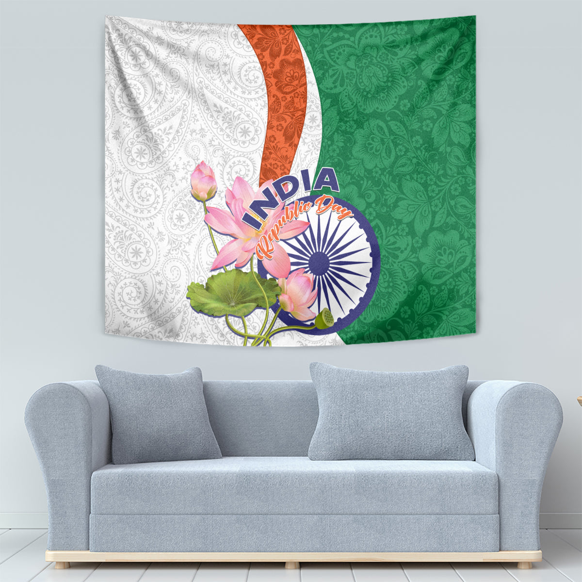 Rectangular tapestry with lotus flowers over white paisley, orange band, and green paisley background