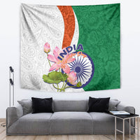 Wall tapestry with lotus floral artwork, India emblem, and split white and green paisley pattern