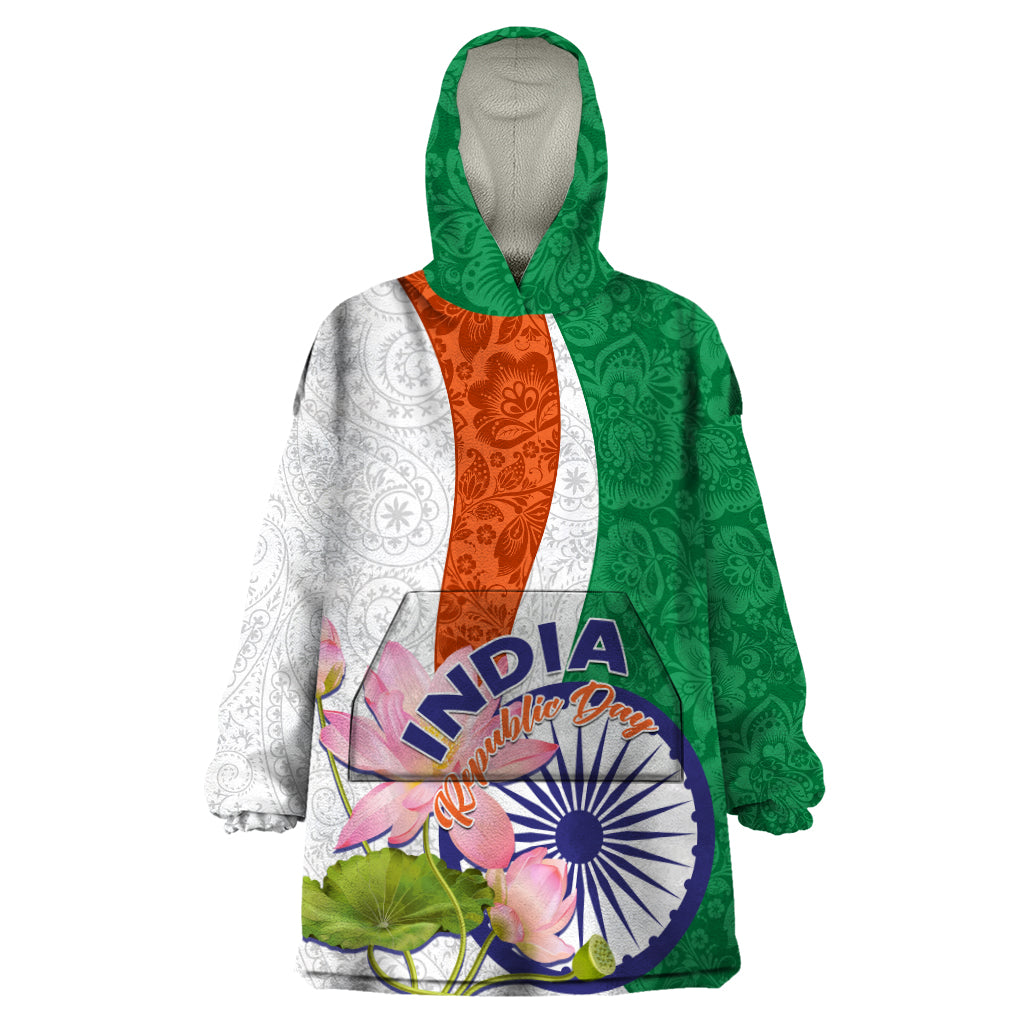 India Republic Day Wearable Blanket Hoodie Lotus Floral Paisley Pattern - Wonder Print Shop