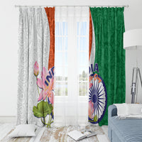 Window curtain set with gray paisley left and green lotus print right, with tie tops