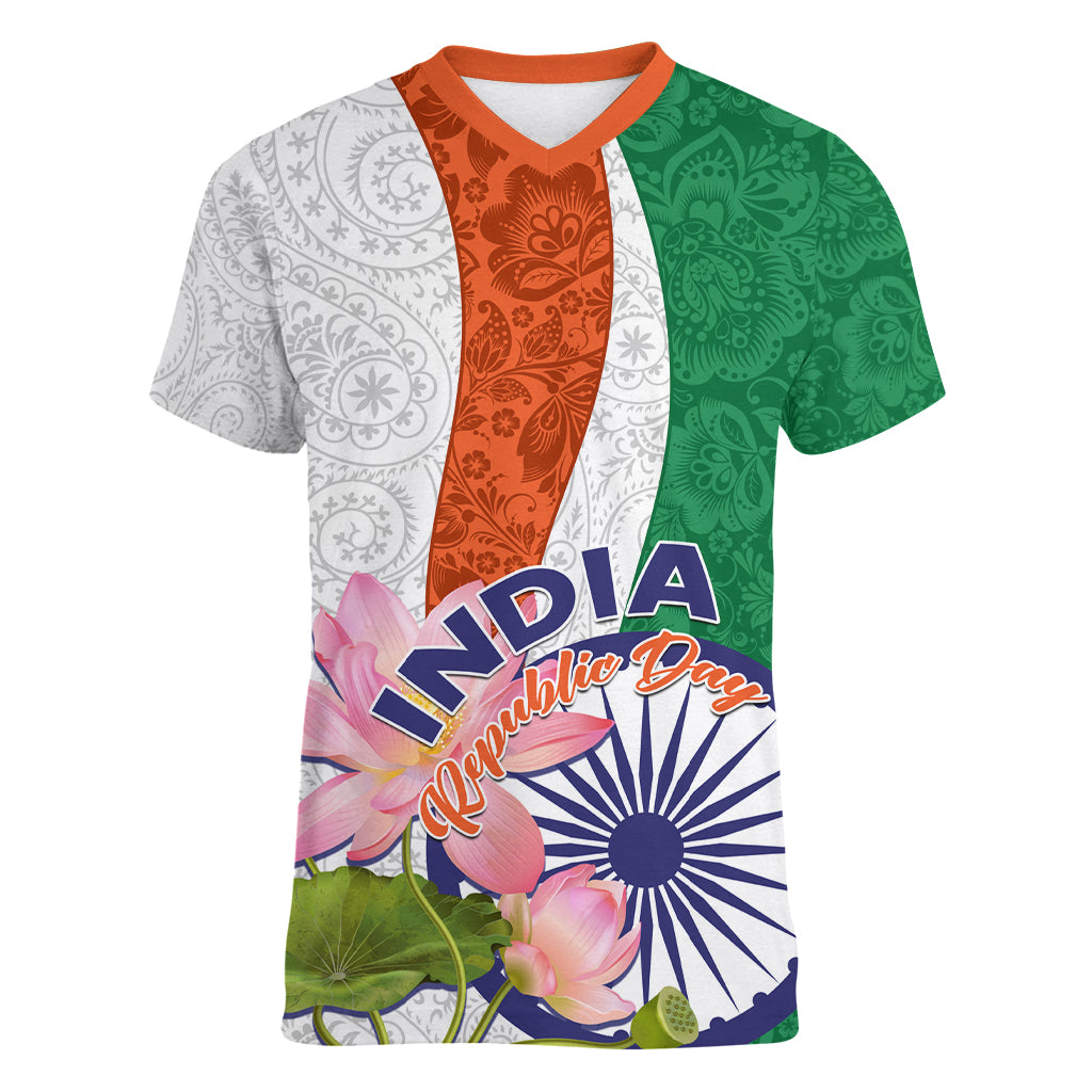 india-republic-day-women-v-neck-t-shirt-lotus-floral-paisley-pattern