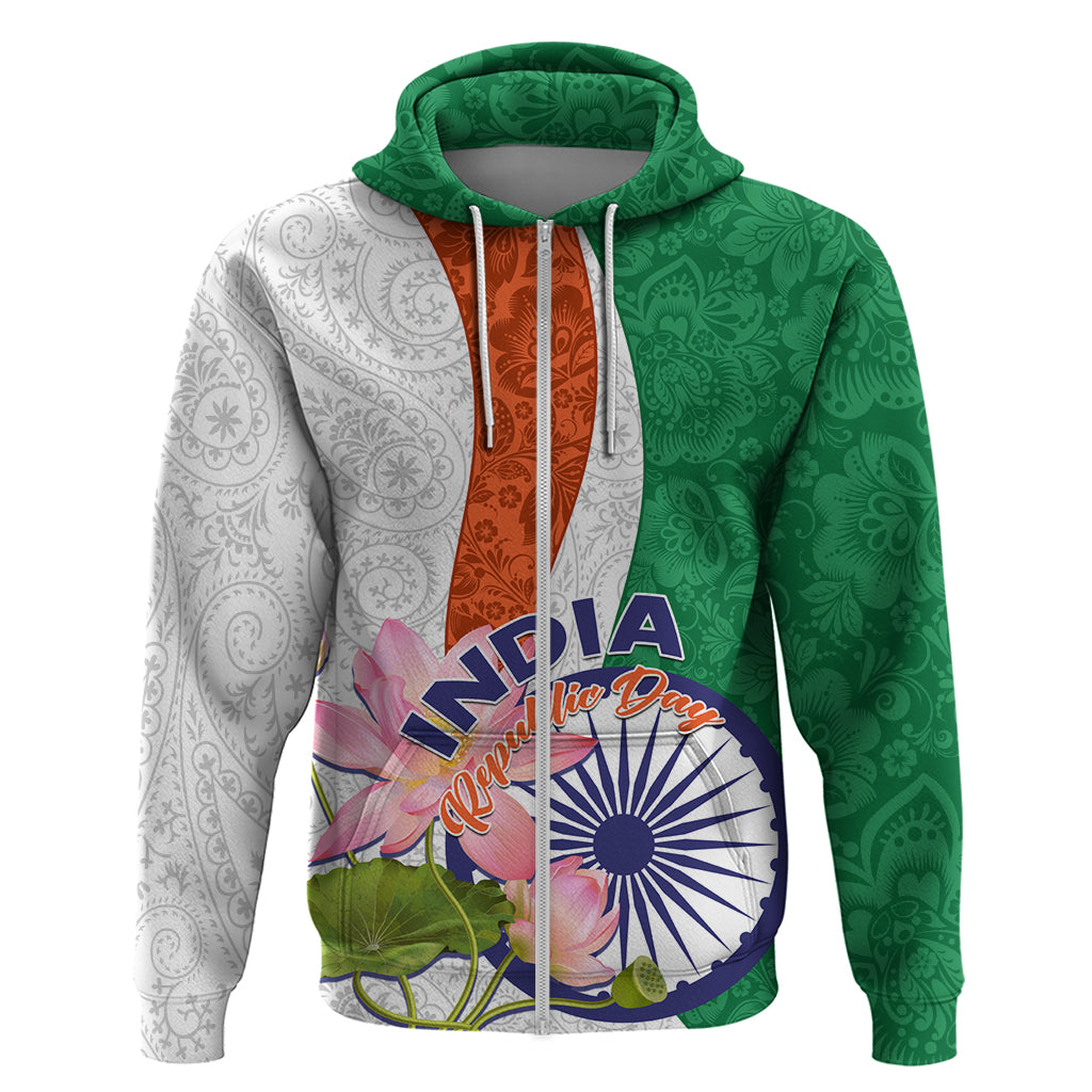 Zip hoodie with green and white paisley panels, orange center stripe, lotus floral graphic