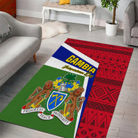 Rectangular area rug with Gambia coat of arms, blue text band and red diamond motif