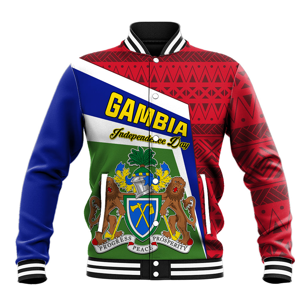 Unisex baseball jacket with Gambia coat of arms patch, red geometric front, striped collar