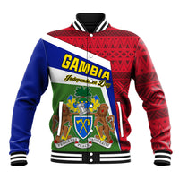 Unisex baseball jacket with Gambia coat of arms patch, red geometric front, striped collar