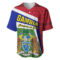 Gambia Independence Day baseball jersey with red, blue, white geometric pattern and crest
