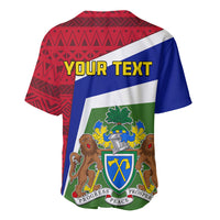 Baseball jersey with red patterned back, blue side stripe, and Gambia crest