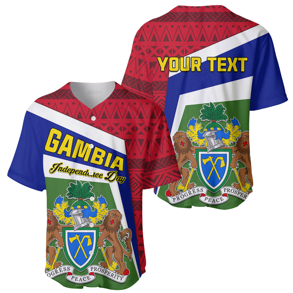Gambia baseball jersey front and back view with red geometric, blue stripe, and crest
