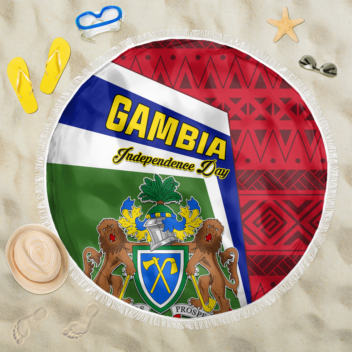 Round beach blanket with Gambia shield flag graphic and multicolor geometric red panel