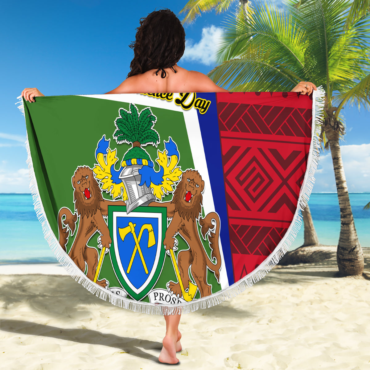 Round beach blanket with Gambia crest flag design and fringed white border