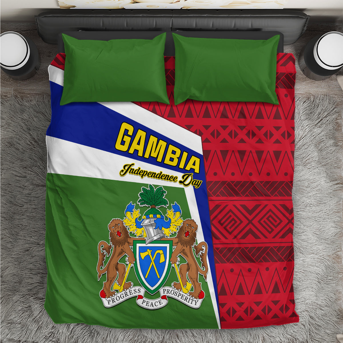 Gambia flag bedding set with green, blue, red panels, coat of arms graphic, and 2 green pillows