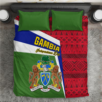 Gambia flag bedding set with green, blue, red panels, coat of arms graphic, and 2 green pillows