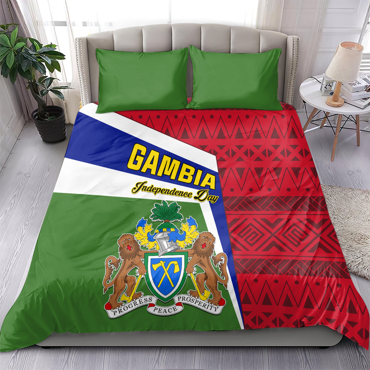 Gambia Independence Day bedding set showing GAMBIA text, coat of arms crest, and red geometric pattern