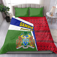 Gambia Independence Day bedding set showing GAMBIA text, coat of arms crest, and red geometric pattern