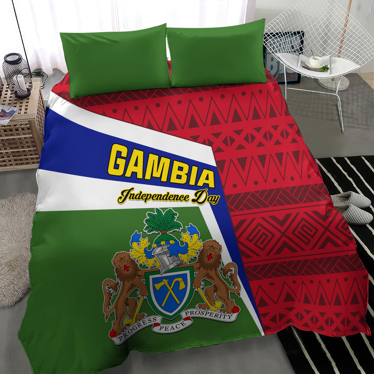 Gambia flag comforter with GAMBIA lettering and coat of arms crest, paired with 2 green pillows