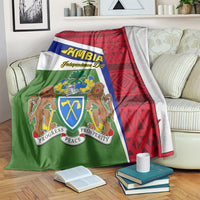 Gambia Independence Day blanket coat draped over couch with Gambia flag and crest