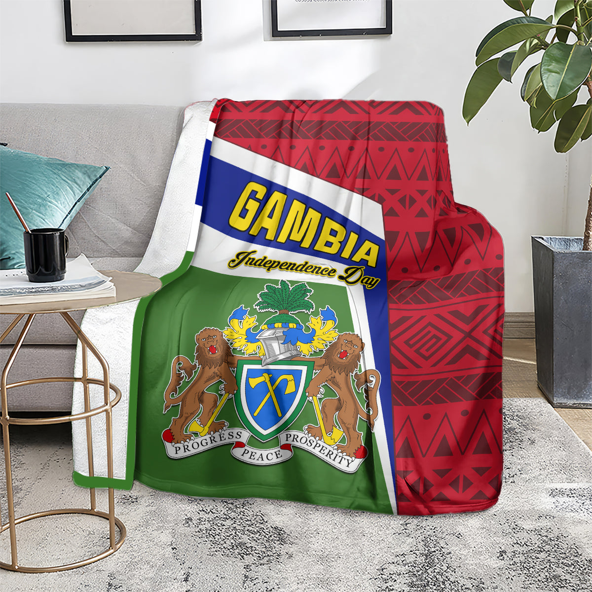 Gambia Independence Day blanket coat with Gambia text, flag stripes, and red pattern