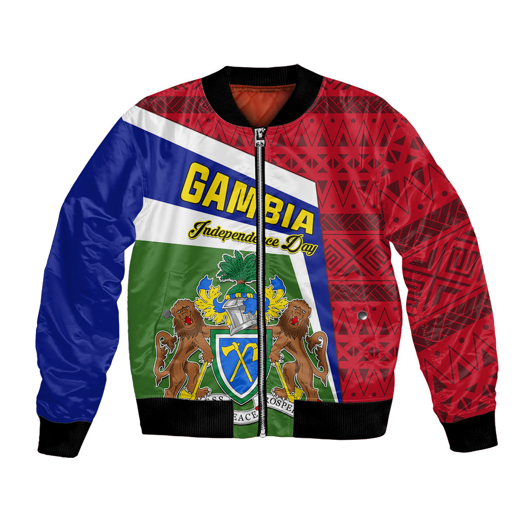 Unisex bomber jacket with front zipper, red blue green flag pattern, ribbed collar and cuffs