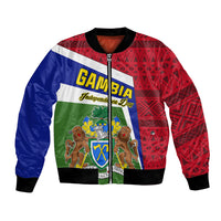 Unisex bomber jacket with front zipper, red blue green flag pattern, ribbed collar and cuffs