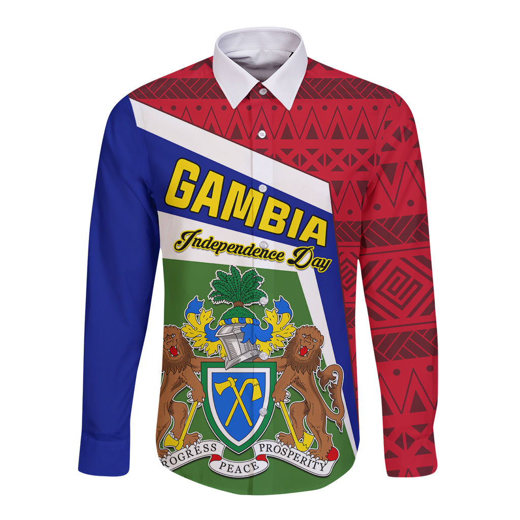 Unisex long sleeve button shirt with Gambia coat of arms graphic, red blue geometric print