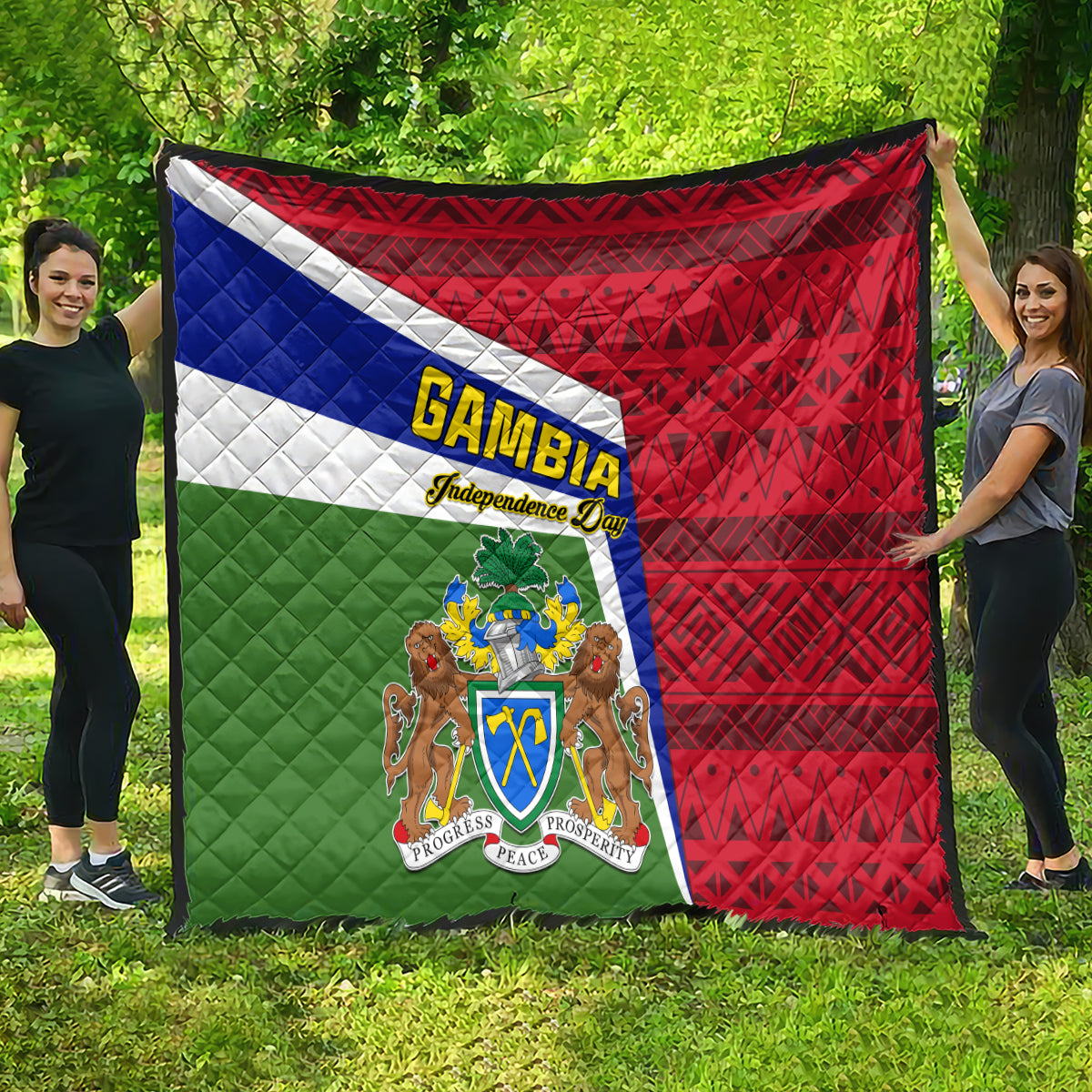 Gambia Independence Day quilt, red blue white diagonal stripes with coat of arms