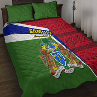 Gambia-themed quilt bed set with green top, red geometric side, and shield stripe