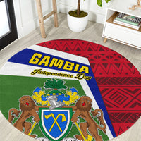 Round carpet with Gambia Independence Day coat of arms, red blue green circular design
