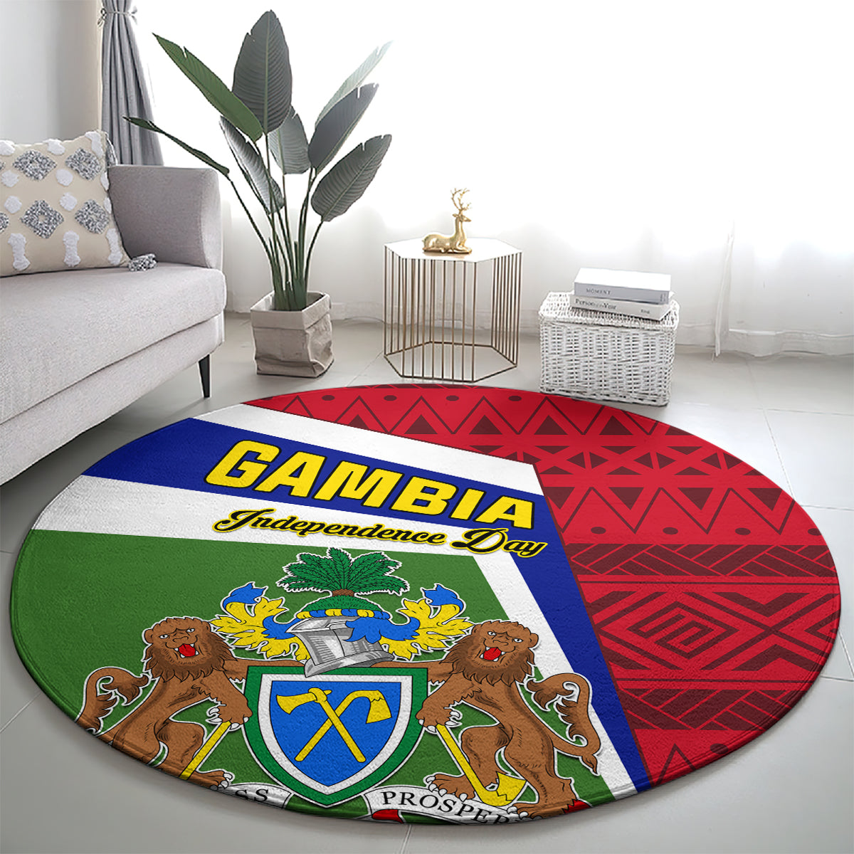 Round carpet with Gambia Independence Day text, coat of arms crest, red blue green