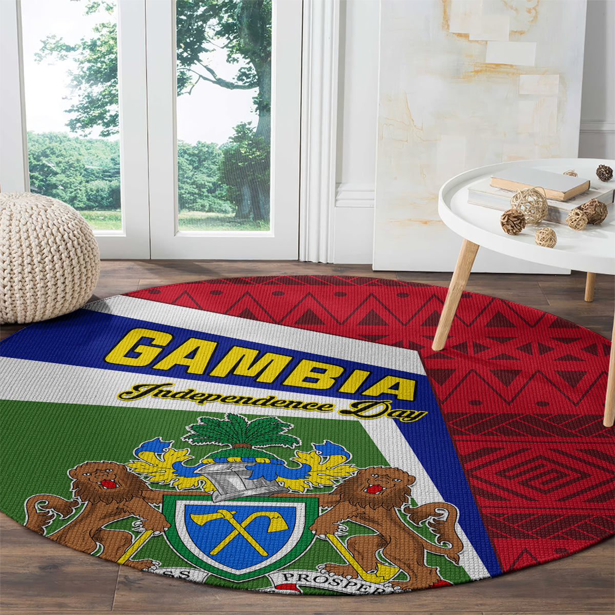 Round carpet showing Gambia coat of arms crest over red and blue geometric background