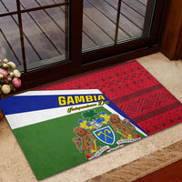 Gambia Independence Day rubber doormat showing coat of arms on green and red design