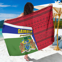 Independence Day sarong coat with red geometric pattern and Gambia emblem panel