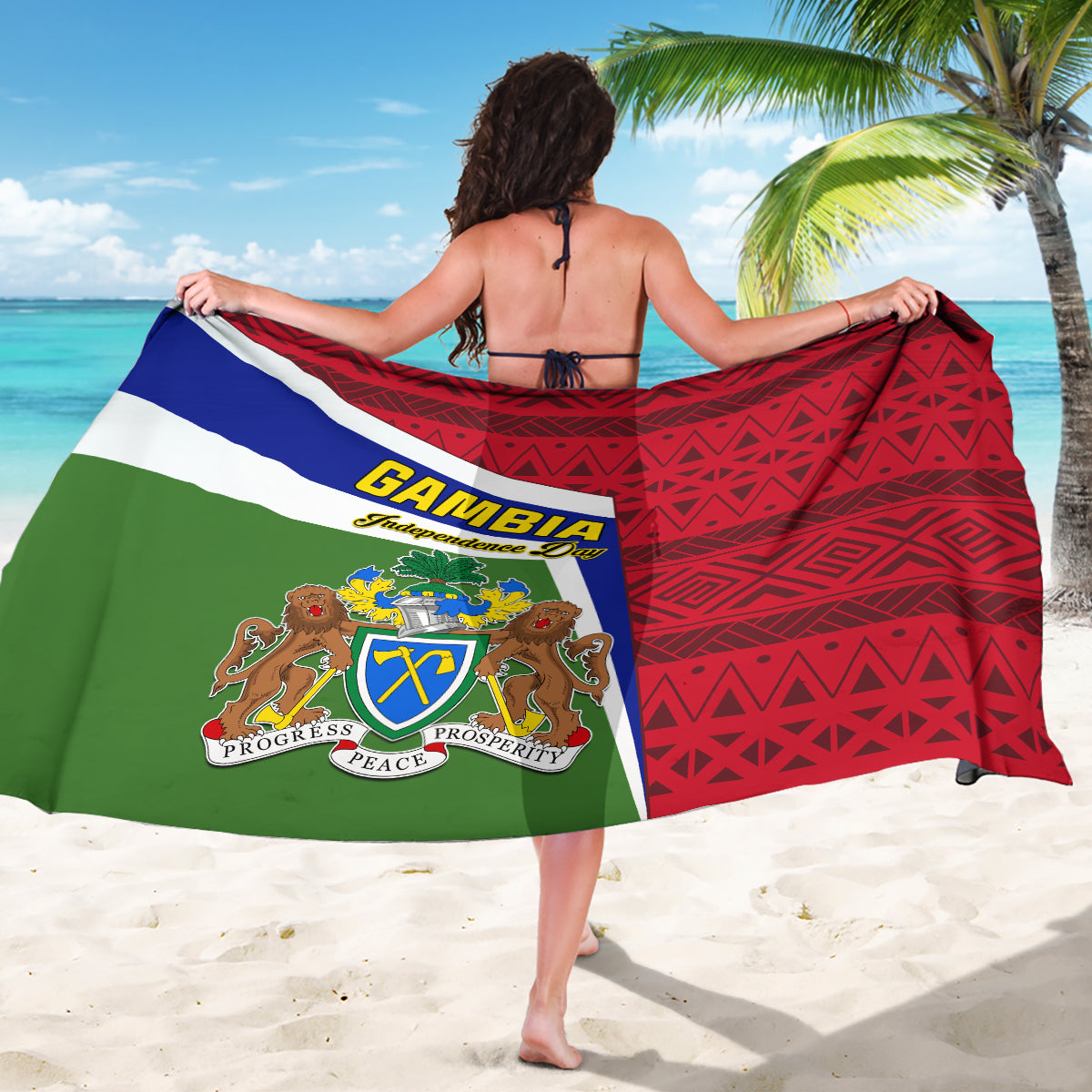 Independence Day sarong coat with red geometric design, green panel, and Gambia text