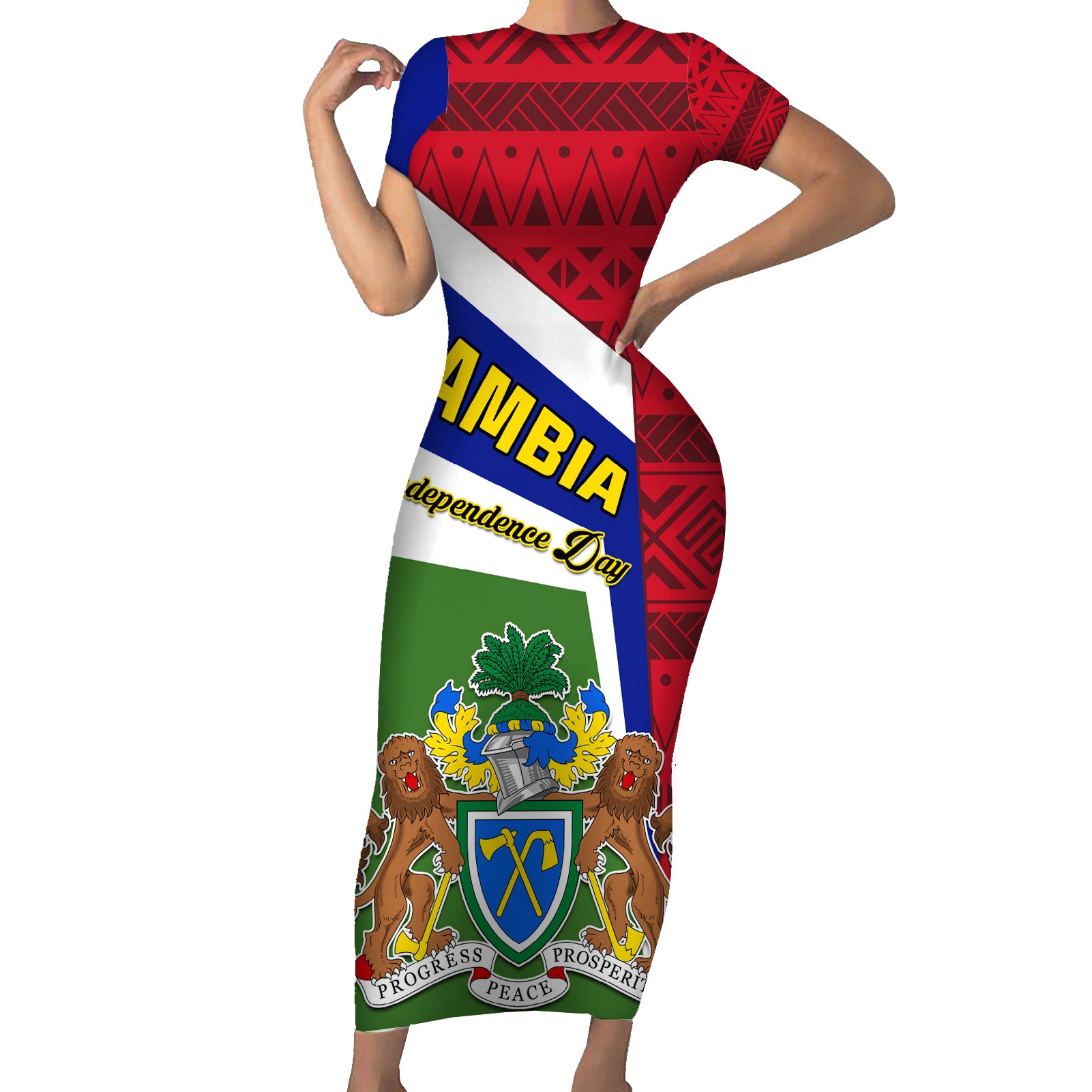 gambia-independence-day-short-sleeve-bodycon-dress-coat-of-arms-african-pattern