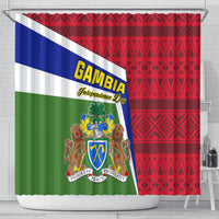 Gambia Independence Day shower curtain with coat of arms and diagonal tricolor stripe