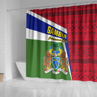 Tricolor Gambia-themed shower curtain with coat of arms crest and patterned red background
