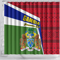 Shower curtain featuring Gambia Independence Day text, coat of arms, and red geometric design