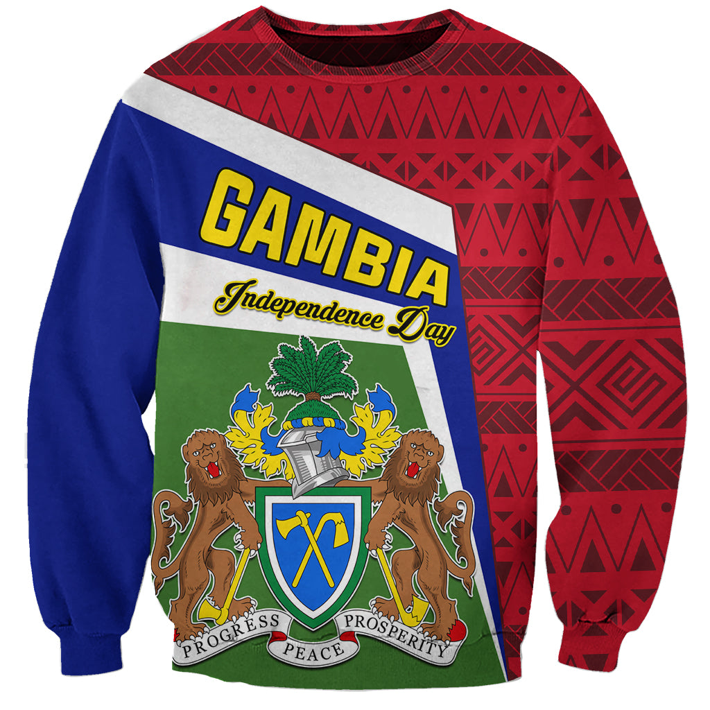 Unisex sweatshirt with red geometric pattern, blue sleeves, and Gambia crest graphic